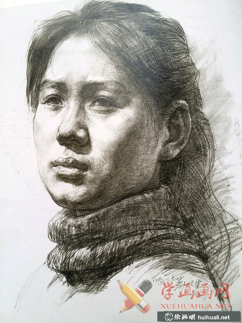 优秀素描头像作品_四分之三侧面女青年素描图片(1)