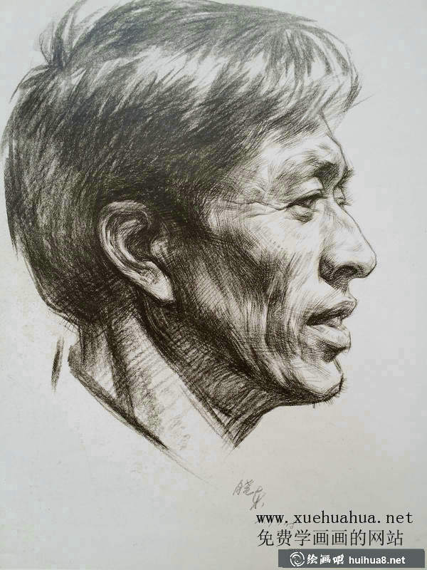 侧面中老年男子头像素描图片(1)