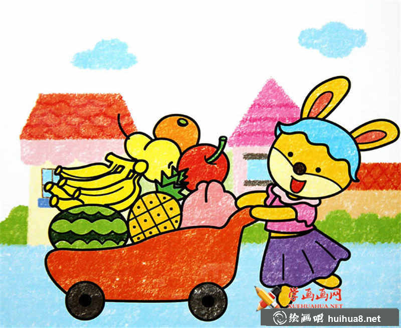 儿童油棒画小兔子的水果车(1)