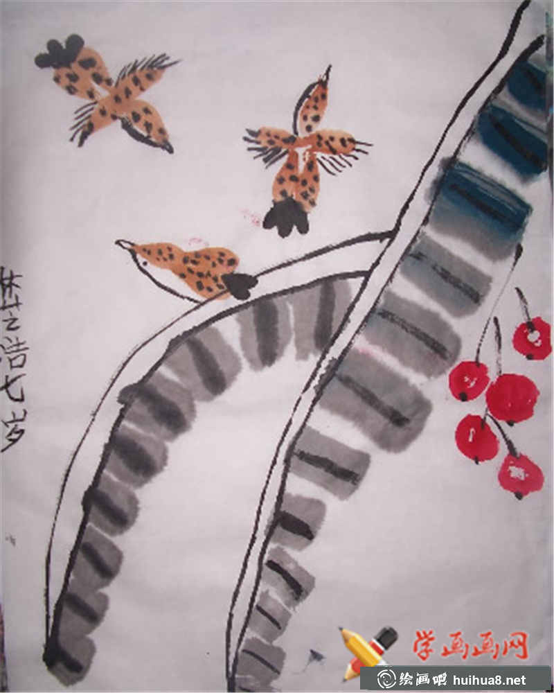 儿童中国画芭蕉叶上的小鸟