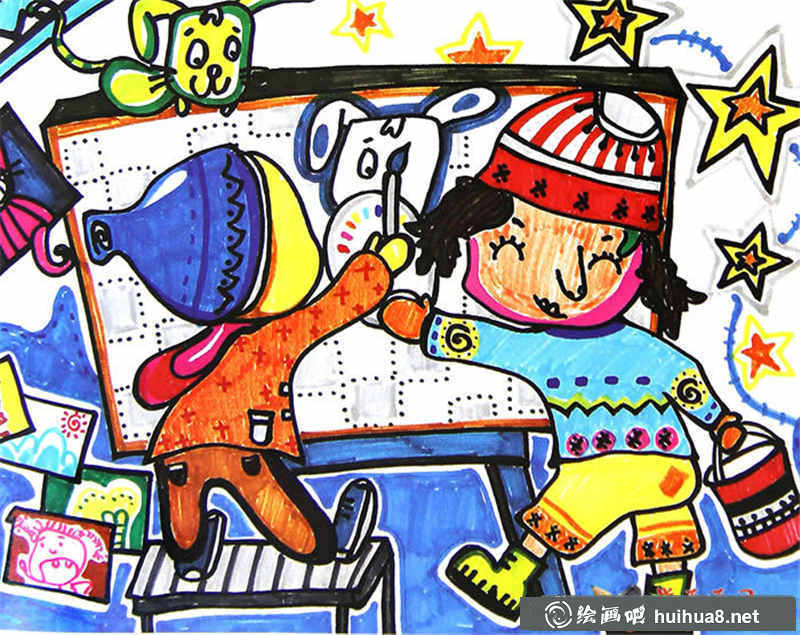儿童水彩画,绘画的小朋友(1)