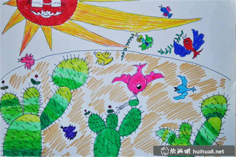儿童水彩画沙漠里的小鸟(1)