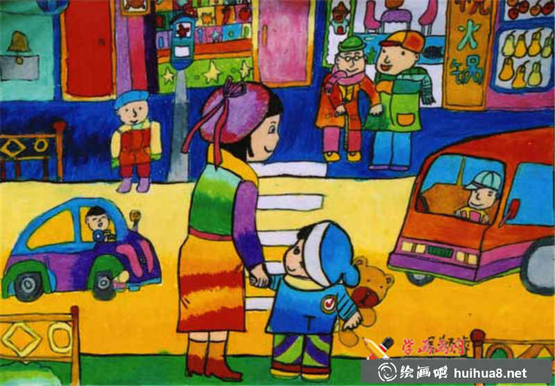 儿童油棒画作品街道(1)