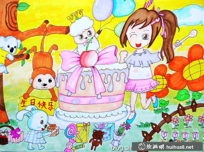 儿童水彩画作品《小羊过生日》(1)