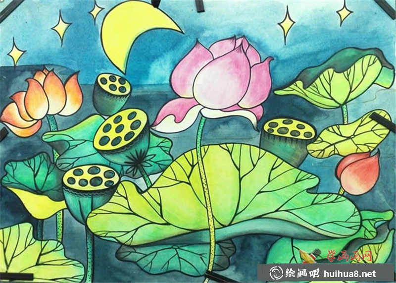 儿童油画棒荷塘月色(1)