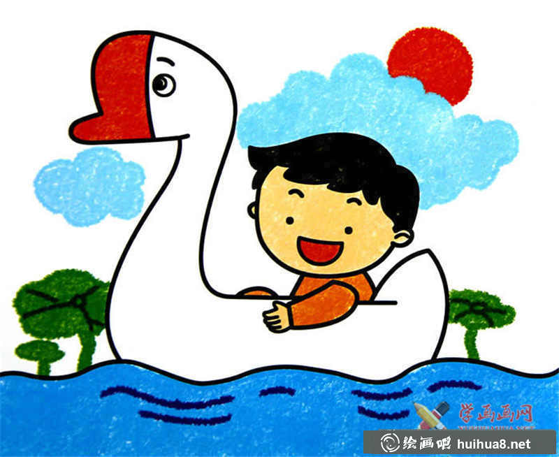 儿童画漂亮的大鹅船(1)