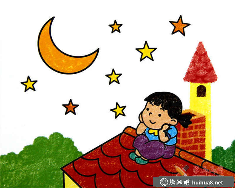 儿童画星空下的小女孩