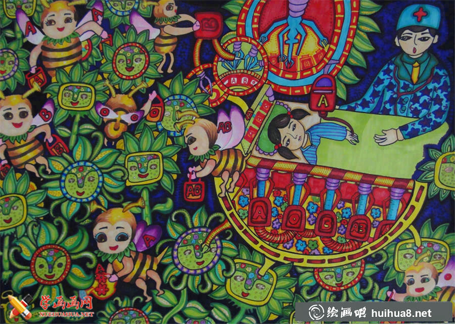 中学生科幻画获奖作品《奇色花圃血液提取源》(1)