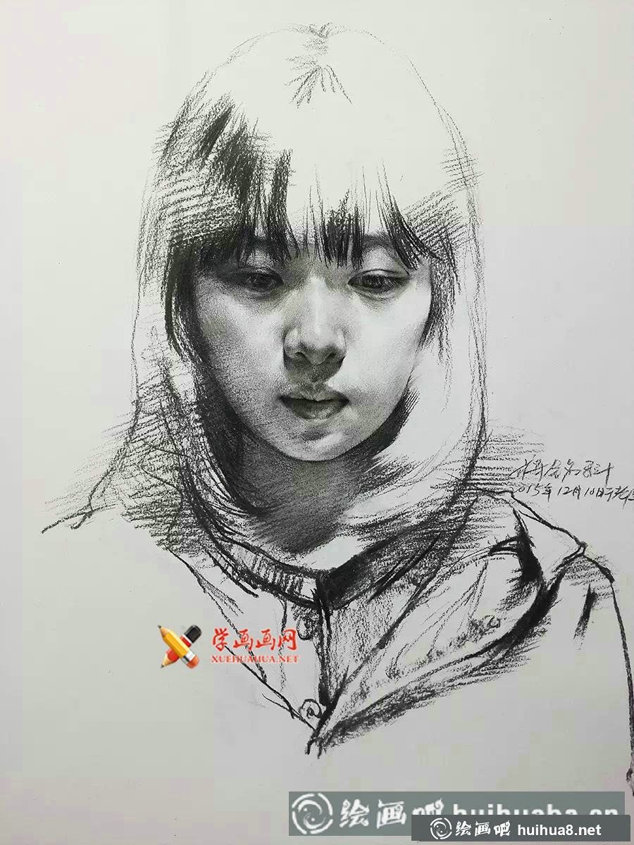 老鹰画室蒋铭科素描头像作品欣赏，共9幅素描头像图片，分别为8幅女子与1幅老年男子素描画
