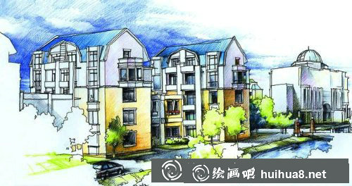 现代都市建筑彩铅画