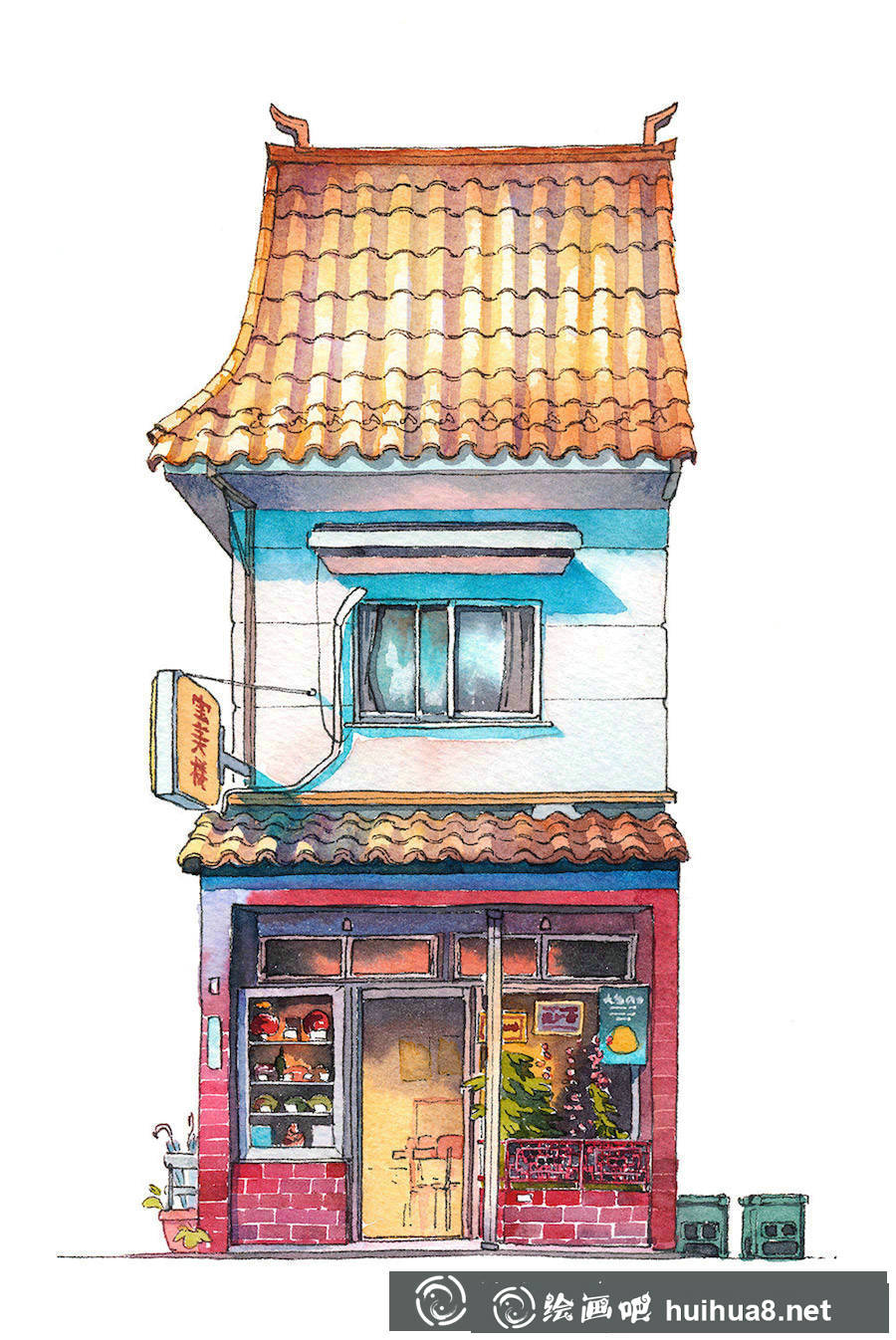 现代与古典结合的建筑彩铅画