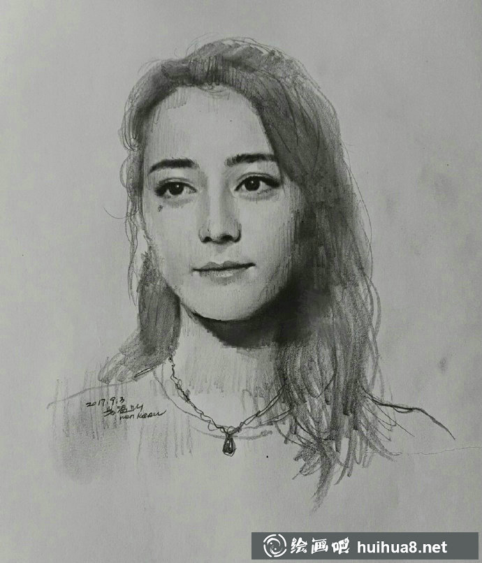 迪丽热巴侧面素描画像