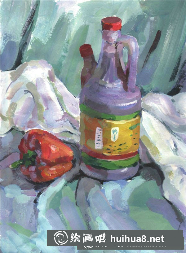 简单的水粉静物组合:醋壶和青椒的画法