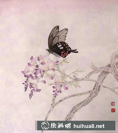 工笔画教程怎么画蝴蝶与紫藤花