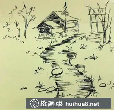 乡村小溪流速写