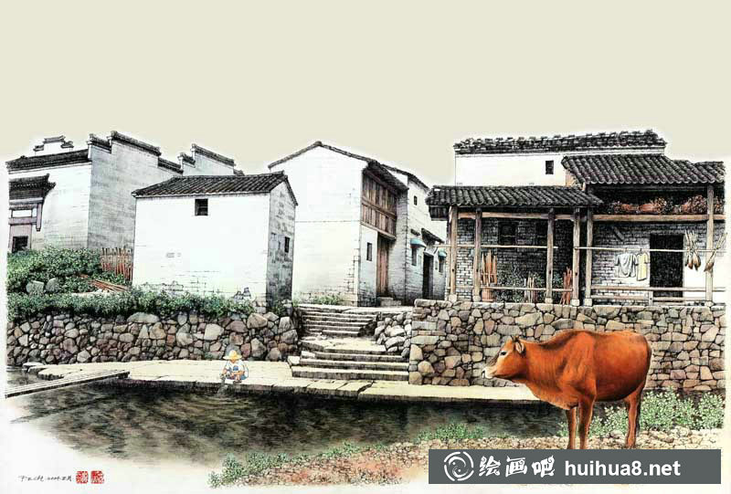 庞恩昌风景古建筑钢笔水彩画作品
