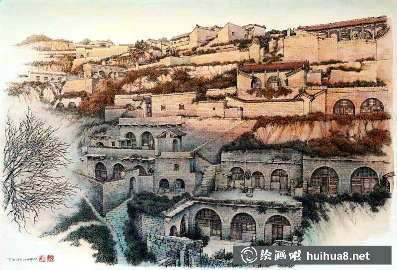 庞恩昌风景古建筑钢笔水彩画作品