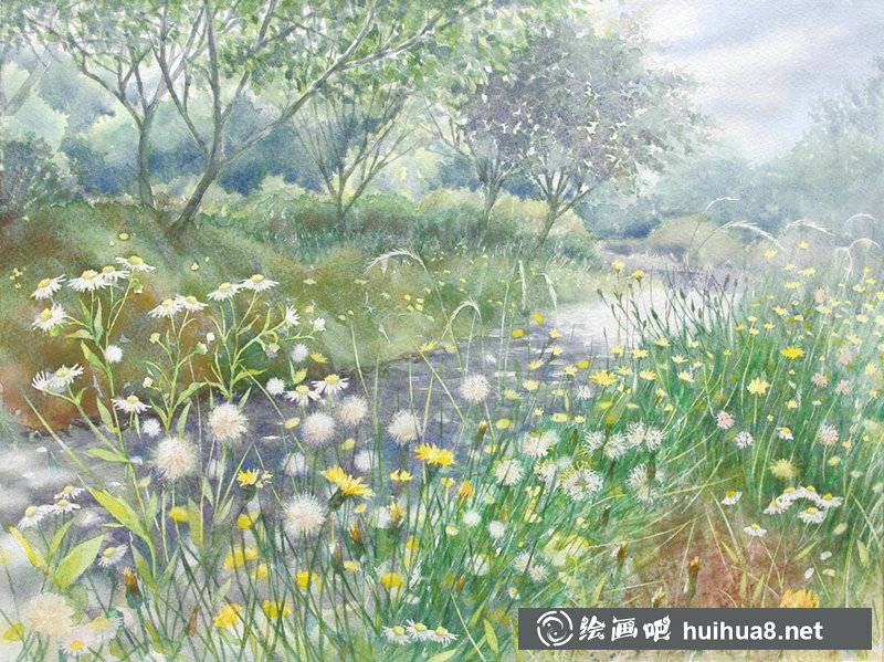 星野木绵的山间花草水彩画