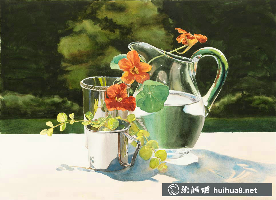 Delphine Poussot的静物玻璃瓶水彩画