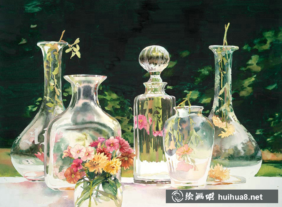 Delphine Poussot的静物玻璃瓶水彩画