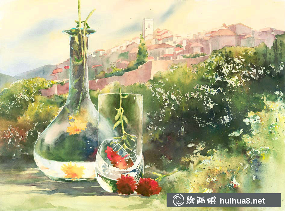 Delphine Poussot的静物玻璃瓶水彩画