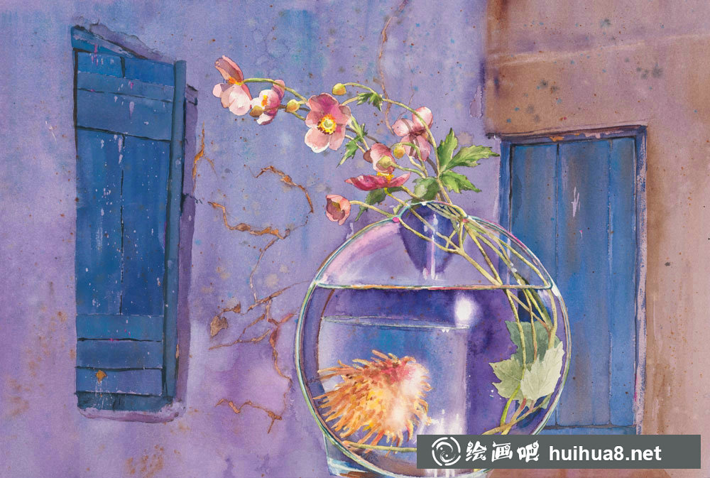 Delphine Poussot的静物玻璃瓶水彩画