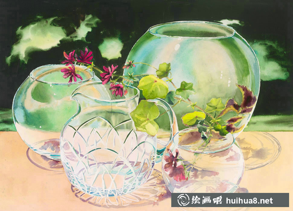 Delphine Poussot的静物玻璃瓶水彩画