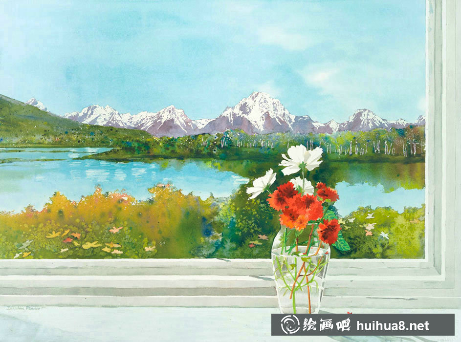 Delphine Poussot的静物玻璃瓶水彩画