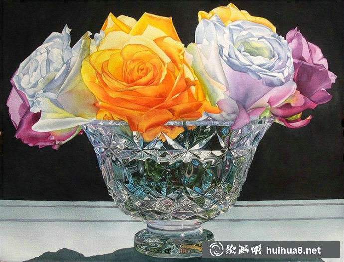 Soon Y. Warren静物花卉玻璃杯水彩画 Soon Y. Warren静物花卉玻璃杯水彩画