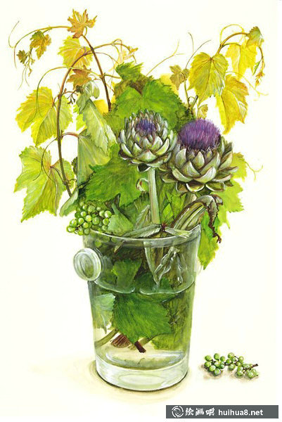 桥本不二子的瓶中插花花卉水彩画
