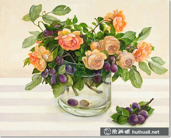 桥本不二子的瓶中插花花卉水彩画