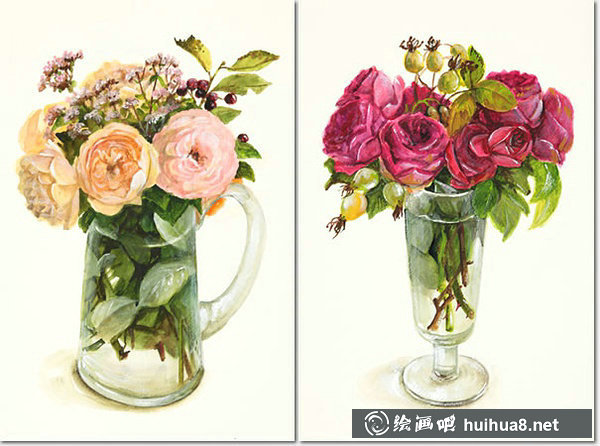 桥本不二子的瓶中插花花卉水彩画