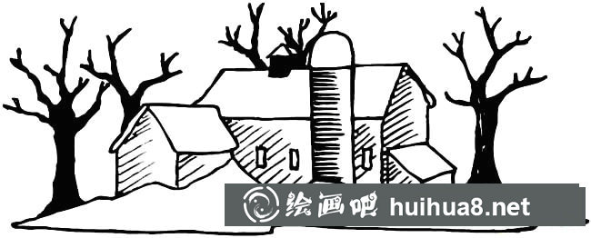 村庄雪景风景简笔画步骤图片大全