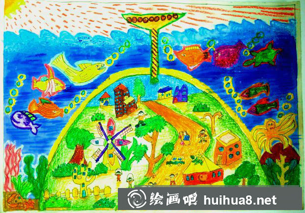 儿童画未来的海底世界科幻画/水彩画图片