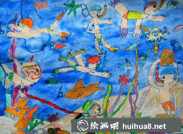 创意海底世界主题儿童画 海底寻宝藏/水彩画图片