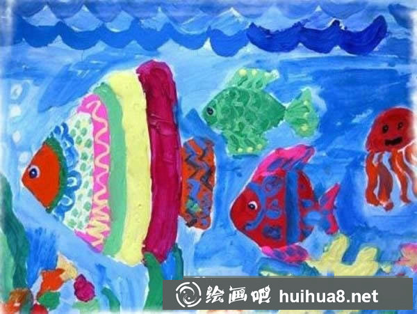 儿童水粉画海底世界 漂亮的鱼群