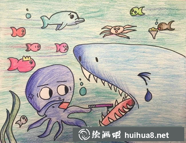 海底世界儿童画的图片 大鲨鱼和小章鱼三年级简单的儿童画