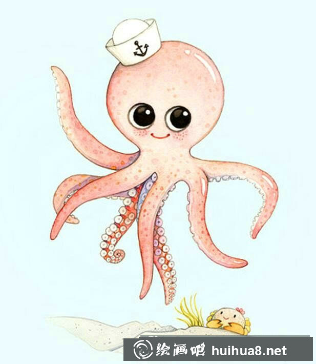 海底世界儿童画八爪小章鱼/水彩画图片