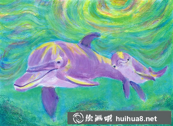 海底世界儿童画：海豚母子俩