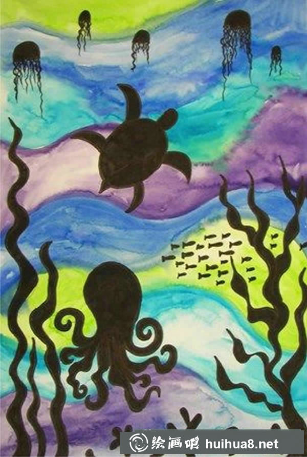 海底世界主题儿童画 海底生物/水彩画图片