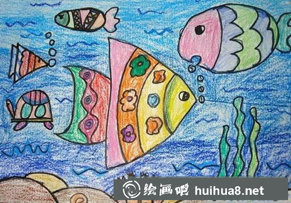 幼儿海底世界主题儿童画作品/蜡笔画图片
