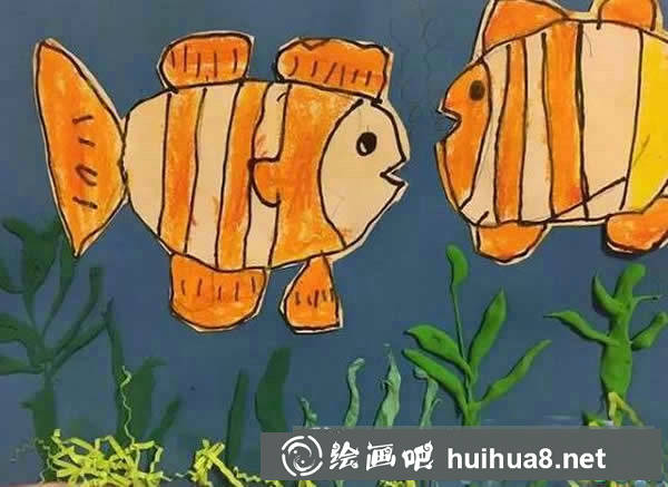 一年级海底世界儿童画优秀作品：双鱼对唱