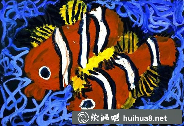 一年级海底世界儿童画水粉画获奖作品欣赏:小丑鱼