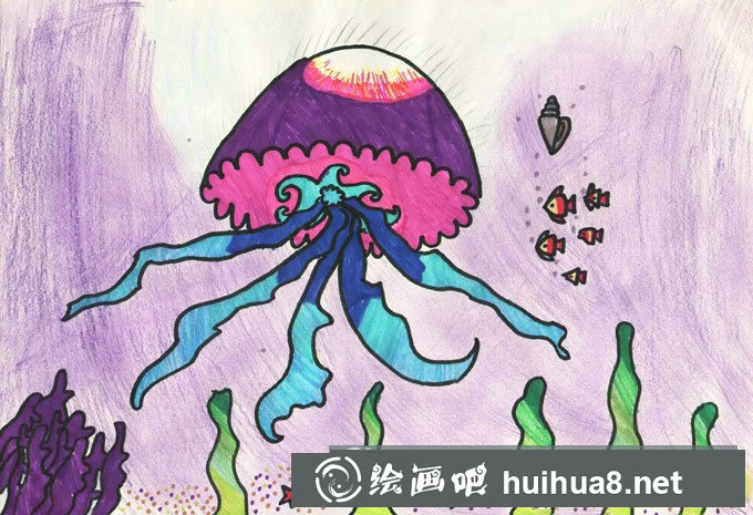 巡游海底世界的水母儿童水彩画作品欣赏